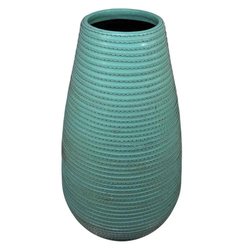 CRATE & BARREL Aqua Leather Spiral Wrapped Tall Vase Decor 10.5